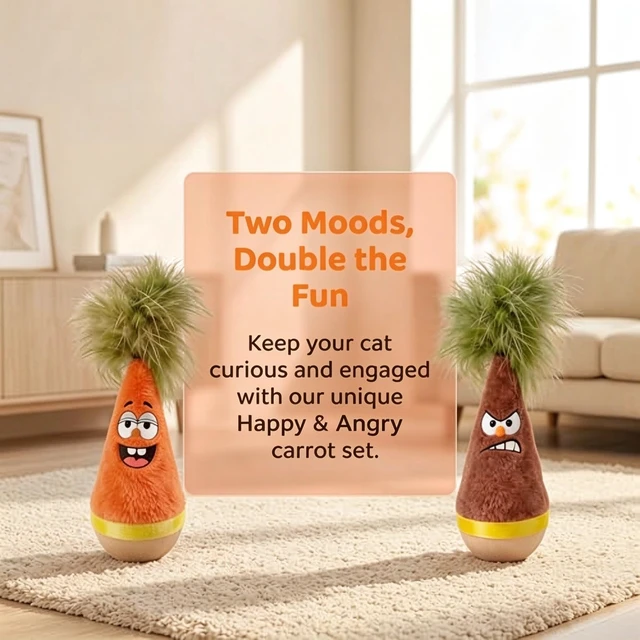 Alt view image 2 of 7 - PawCrafter Catnip Wooden Wobble Cat Toy, Carrot Kicker Tumbler | 2 Pack Set, Self-Righting Beechwood Base, Angry and Happy Duo, Bite-Resistant Plush, Silent Battery-Free, 7 Inch, Indoor Cats