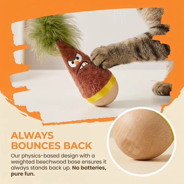 Alt view image 4 of 7 - PawCrafter Catnip Wooden Wobble Cat Toy, Carrot Kicker Tumbler | 2 Pack Set, Self-Righting Beechwood Base, Angry and Happy Duo, Bite-Resistant Plush, Silent Battery-Free, 7 Inch, Indoor Cats