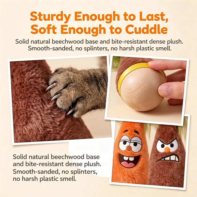 Alt view image 3 of 7 - PawCrafter Catnip Wooden Wobble Cat Toy, Carrot Kicker Tumbler | 2 Pack Set, Self-Righting Beechwood Base, Angry and Happy Duo, Bite-Resistant Plush, Silent Battery-Free, 7 Inch, Indoor Cats