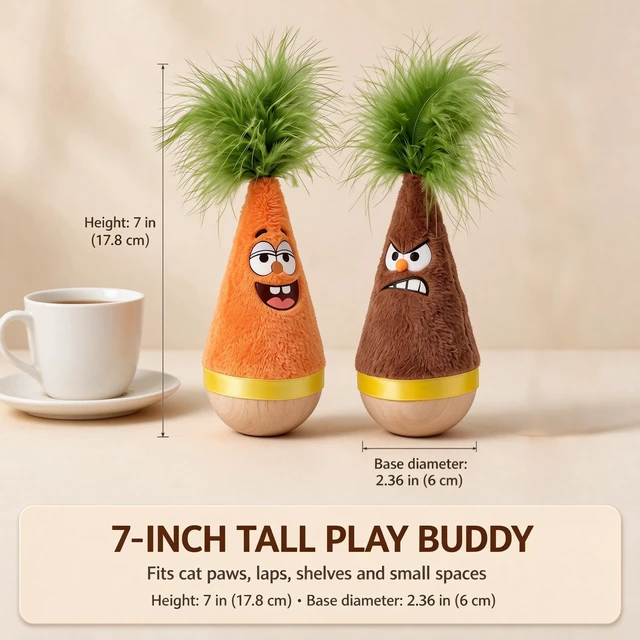 Alt view image 7 of 7 - PawCrafter Catnip Wooden Wobble Cat Toy, Carrot Kicker Tumbler | 2 Pack Set, Self-Righting Beechwood Base, Angry and Happy Duo, Bite-Resistant Plush, Silent Battery-Free, 7 Inch, Indoor Cats