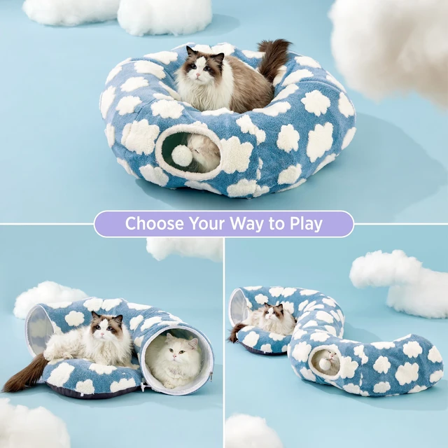 Alt view image 3 of 7 - Donut Original Design Cat Tunnel Bed Kitten Toys for Puppy Bunny | 33.5x33.5x10in,Round Cat Bed Tube for Indoor Cats Rabbit Dog,Pet Peekaboo Cave Toy,Spiral Hideaway,Washable Cushion,Blue