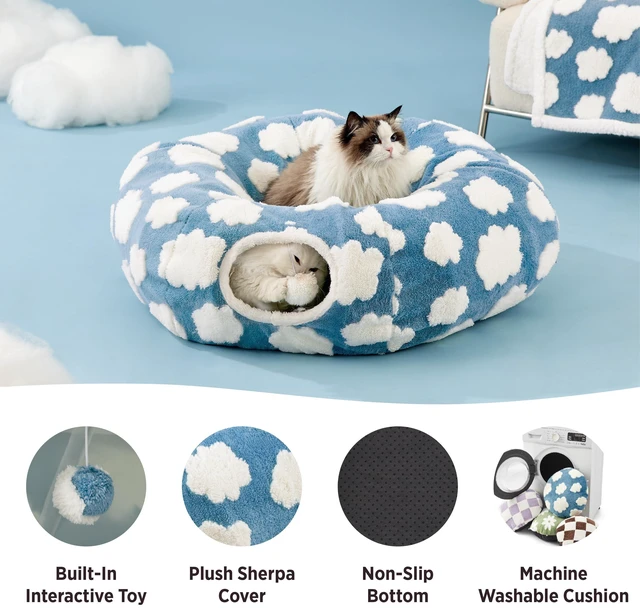 Alt view image 4 of 7 - Donut Original Design Cat Tunnel Bed Kitten Toys for Puppy Bunny | 33.5x33.5x10in,Round Cat Bed Tube for Indoor Cats Rabbit Dog,Pet Peekaboo Cave Toy,Spiral Hideaway,Washable Cushion,Blue