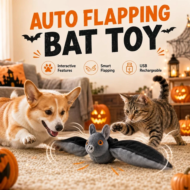 Alt view image 2 of 7 - Flying Bat Dog Toy, Flying Bat Toy for Dogs & Cats, Interactive Flapping Bat Toy with Chirping, Rechargeable and Motion-Activated, Wand Compatible for Interactive Play & Exercise