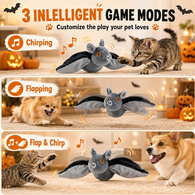 Alt view image 3 of 7 - Flying Bat Dog Toy, Flying Bat Toy for Dogs & Cats, Interactive Flapping Bat Toy with Chirping, Rechargeable and Motion-Activated, Wand Compatible for Interactive Play & Exercise