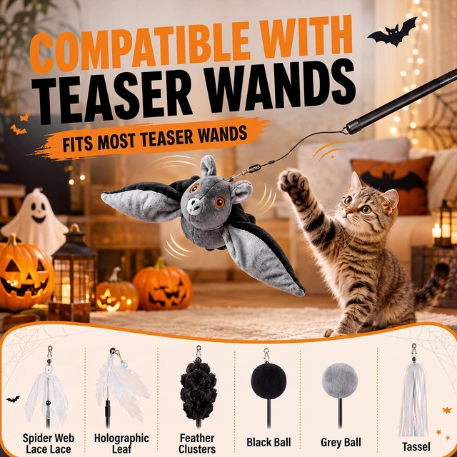 Alt view image 4 of 7 - Flying Bat Dog Toy, Flying Bat Toy for Dogs & Cats, Interactive Flapping Bat Toy with Chirping, Rechargeable and Motion-Activated, Wand Compatible for Interactive Play & Exercise