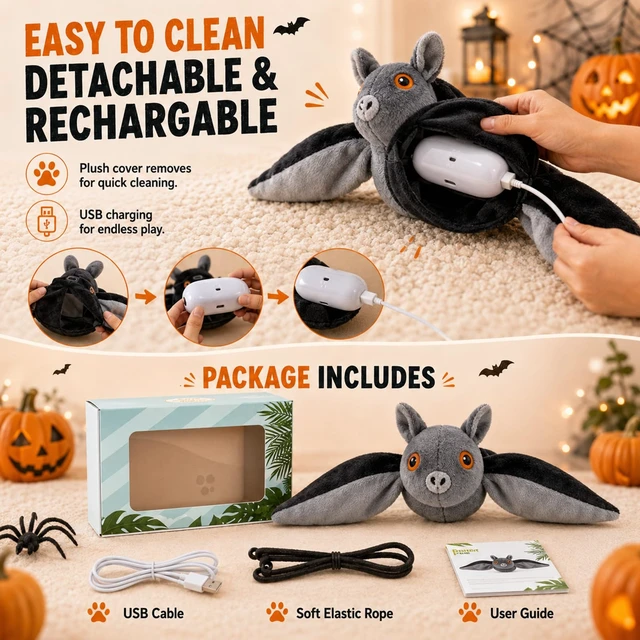 Alt view image 5 of 7 - Flying Bat Dog Toy, Flying Bat Toy for Dogs & Cats, Interactive Flapping Bat Toy with Chirping, Rechargeable and Motion-Activated, Wand Compatible for Interactive Play & Exercise