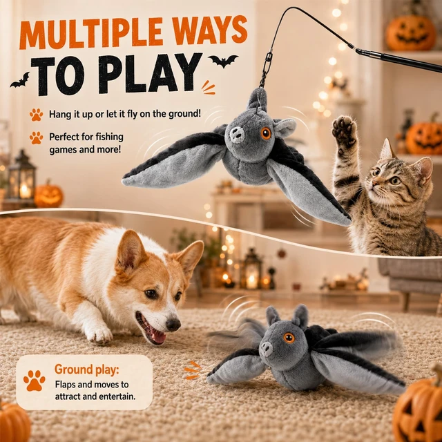 Alt view image 7 of 7 - Flying Bat Dog Toy, Flying Bat Toy for Dogs & Cats, Interactive Flapping Bat Toy with Chirping, Rechargeable and Motion-Activated, Wand Compatible for Interactive Play & Exercise