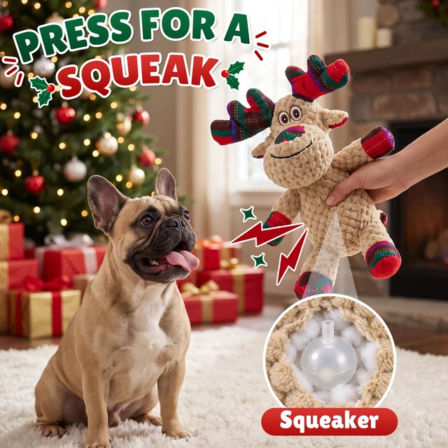 Alt view image 2 of 6 - Christmas Dog Toys, Interactive Plush Reindeer Squeaky Toy for Dogs | Interactive Squeaker, Soft Plush Fabric, Machine Washable, Holiday Gift for Dogs and Cats, Indoor & Outdoor Play