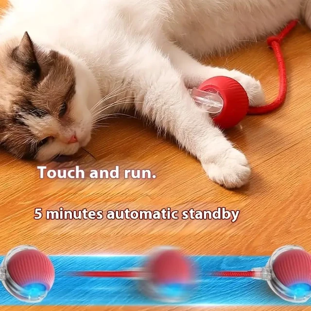 Alt view image 3 of 7 - Cat and Small Dog Toy Ball with Tail Rope, Red | Smart Rolling Ball, LED Light, Electric Self-Rolling, Interactive Jumping Ball, Automatic Teaser