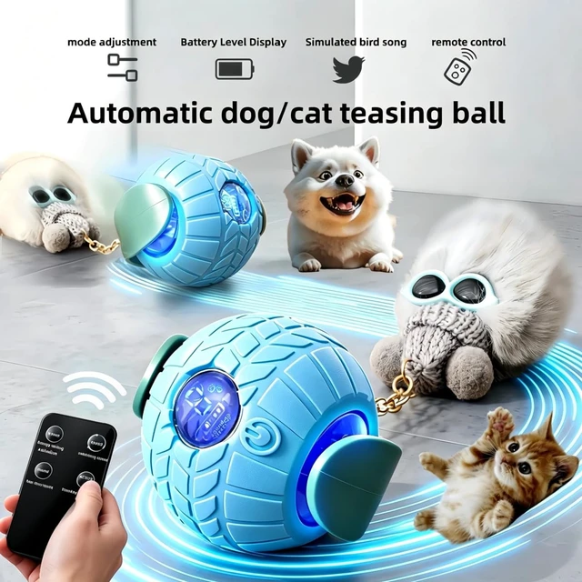 Alt view image 2 of 7 - Intelligent pet Electric Toy Ball, Interactive Automatic Rolling Chase Game, Suitable for Cats or Small and Medium-Sized Dogs, LCD Screen, Remote Control, Equipped with Bird Song (Blue)