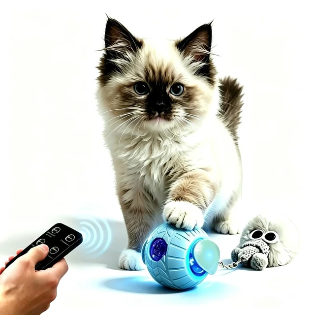 Alt view image 3 of 7 - Intelligent pet Electric Toy Ball, Interactive Automatic Rolling Chase Game, Suitable for Cats or Small and Medium-Sized Dogs, LCD Screen, Remote Control, Equipped with Bird Song (Blue)