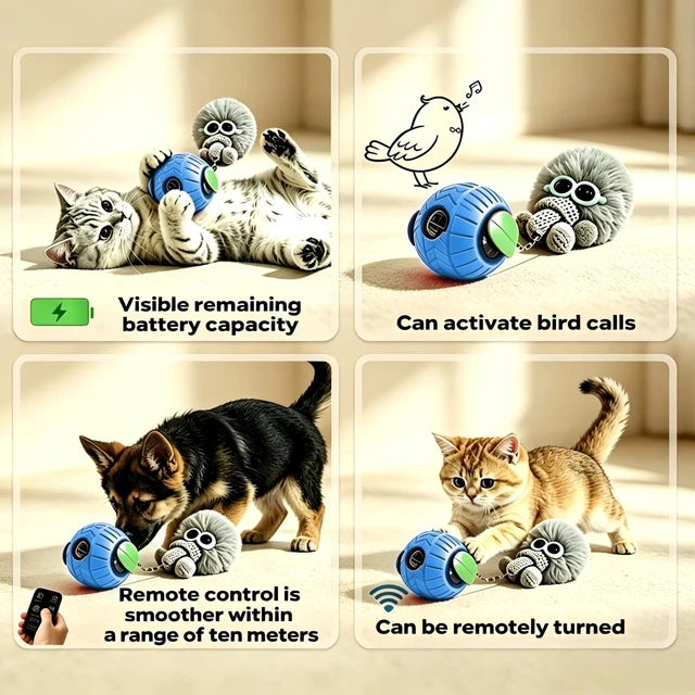 Alt view image 7 of 7 - Intelligent pet Electric Toy Ball, Interactive Automatic Rolling Chase Game, Suitable for Cats or Small and Medium-Sized Dogs, LCD Screen, Remote Control, Equipped with Bird Song (Blue)