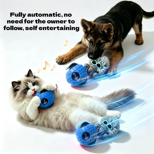 Alt view image 6 of 7 - Intelligent pet Electric Toy Ball, Interactive Automatic Rolling Chase Game, Suitable for Cats or Small and Medium-Sized Dogs, LCD Screen, Remote Control, Equipped with Bird Song (Blue)