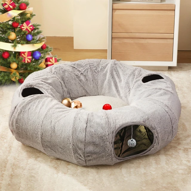 Main image of Cat Tunnel Bed for Indoor Cats - Cute Cat Donut Tunnel with Washable Circle Cushion, Round Pet Play Toy for Kitten/Puppy/Rabbit, Grey