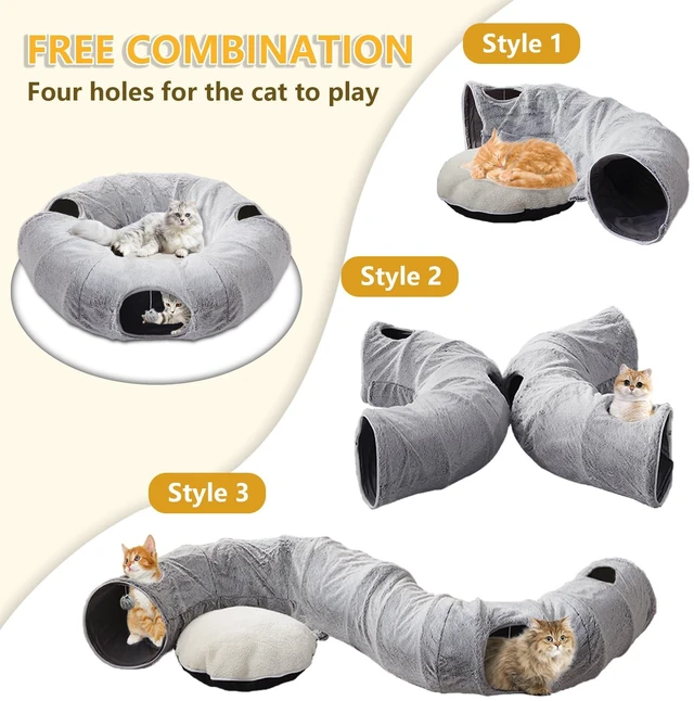 Alt view image 4 of 6 - Cat Tunnel Bed for Indoor Cats - Cute Cat Donut Tunnel with Washable Circle Cushion, Round Pet Play Toy for Kitten/Puppy/Rabbit, Grey