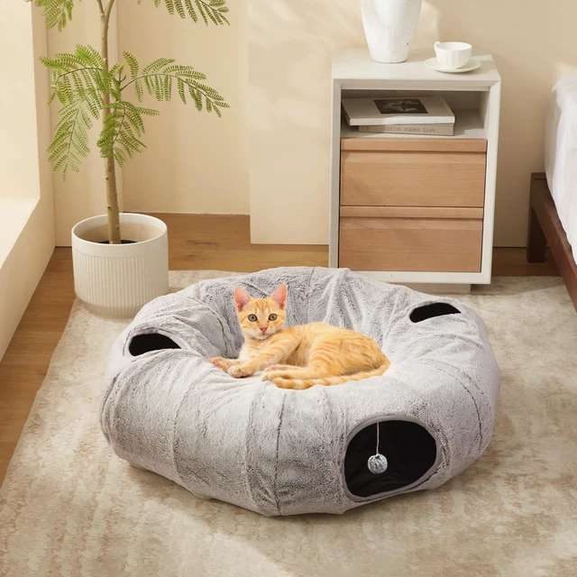 Alt view image 3 of 6 - Cat Tunnel Bed for Indoor Cats - Cute Cat Donut Tunnel with Washable Circle Cushion, Round Pet Play Toy for Kitten/Puppy/Rabbit, Grey