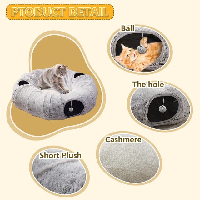 Alt view image 5 of 6 - Cat Tunnel Bed for Indoor Cats - Cute Cat Donut Tunnel with Washable Circle Cushion, Round Pet Play Toy for Kitten/Puppy/Rabbit, Grey