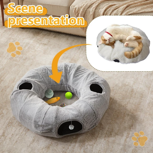 Alt view image 6 of 6 - Cat Tunnel Bed for Indoor Cats - Cute Cat Donut Tunnel with Washable Circle Cushion, Round Pet Play Toy for Kitten/Puppy/Rabbit, Grey