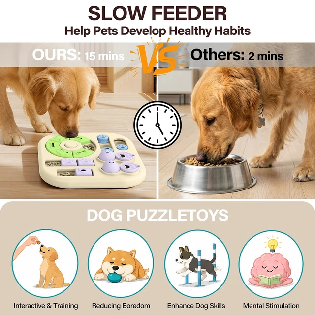 Alt view image 5 of 7 - Dog Puzzle Toy, Interactive Treat Dispensing Toys, Khaki | Non-Slip Slow Feeder w/Squeaker Button, IQ Training, Dog Enrichment Toys Ideal Gifts for Puppies, Small, Medium, Cats, Dogs