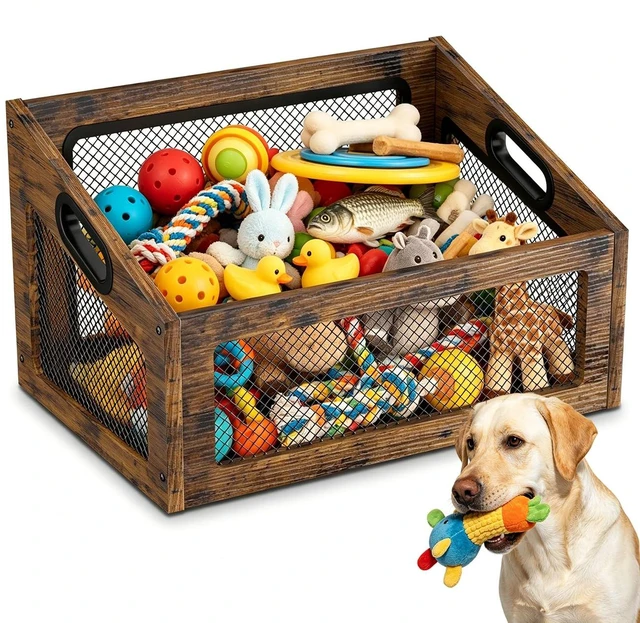 Main image of Wood Dog Toy Basket,Chew-Proof Dog Toy Box Bin | Spacious Dog Storage Organizer,Cat Toys Basket Box for Pet Toy Treat Clothes in Living Room