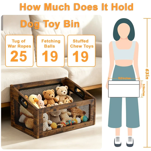 Alt view image 2 of 7 - Wood Dog Toy Basket,Chew-Proof Dog Toy Box Bin | Spacious Dog Storage Organizer,Cat Toys Basket Box for Pet Toy Treat Clothes in Living Room