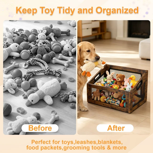 Alt view image 5 of 7 - Wood Dog Toy Basket,Chew-Proof Dog Toy Box Bin | Spacious Dog Storage Organizer,Cat Toys Basket Box for Pet Toy Treat Clothes in Living Room