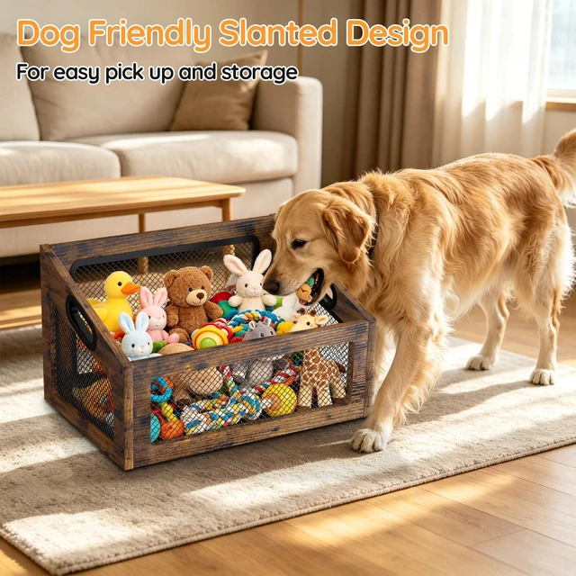 Alt view image 7 of 7 - Wood Dog Toy Basket,Chew-Proof Dog Toy Box Bin | Spacious Dog Storage Organizer,Cat Toys Basket Box for Pet Toy Treat Clothes in Living Room