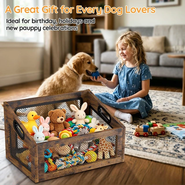 Alt view image 3 of 7 - Wood Dog Toy Basket,Chew-Proof Dog Toy Box Bin | Spacious Dog Storage Organizer,Cat Toys Basket Box for Pet Toy Treat Clothes in Living Room