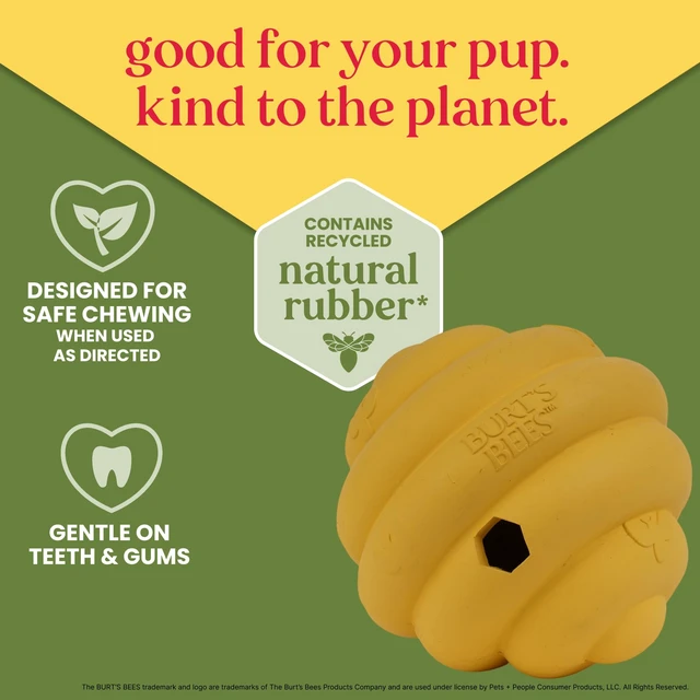 Alt view image 2 of 7 - Pet - Tech / Training AidHive Treat Dispenser, Dog Toy, Recycled Rubber, 5 Inch | Beehive-shaped yellow toy with hexagonal treat opening and embossed bee details; wobbles to release treats during play