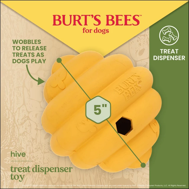 Alt view image 3 of 7 - Pet - Tech / Training AidHive Treat Dispenser, Dog Toy, Recycled Rubber, 5 Inch | Beehive-shaped yellow toy with hexagonal treat opening and embossed bee details; wobbles to release treats during play