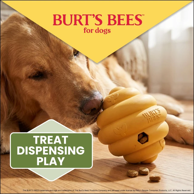 Alt view image 4 of 7 - Pet - Tech / Training AidHive Treat Dispenser, Dog Toy, Recycled Rubber, 5 Inch | Beehive-shaped yellow toy with hexagonal treat opening and embossed bee details; wobbles to release treats during play