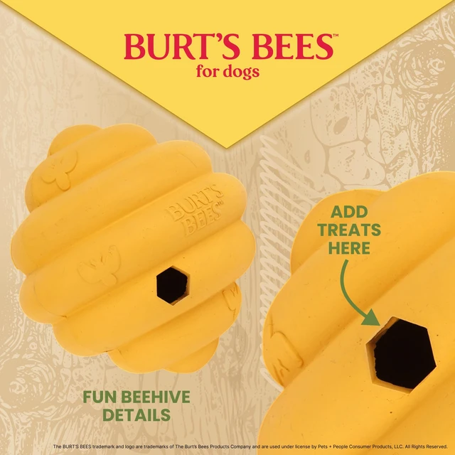 Alt view image 5 of 7 - Pet - Tech / Training AidHive Treat Dispenser, Dog Toy, Recycled Rubber, 5 Inch | Beehive-shaped yellow toy with hexagonal treat opening and embossed bee details; wobbles to release treats during play