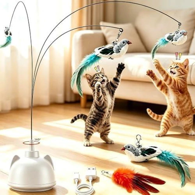 Main image of Interactive Cat Toys for Indoor Cats, Automatic 360° Spinning Cat Wand Toy, Strong Suction Cup Base, USB Rechargeable, Detachable Wand, 2 Feather Refills, 2 Speeds, 3 Modes for Cats of All Ages
