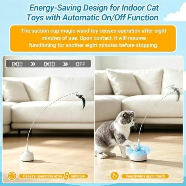 Alt view image 5 of 7 - Interactive Cat Toys for Indoor Cats, Automatic 360° Spinning Cat Wand Toy, Strong Suction Cup Base, USB Rechargeable, Detachable Wand, 2 Feather Refills, 2 Speeds, 3 Modes for Cats of All Ages