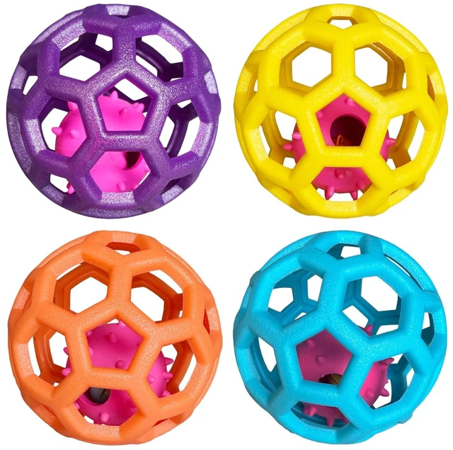 Main image of 4 Pack Cat Dog Toy Balls with Bell | 9cm Durable Hollow Hexagonal Plastic Balls for Small Medium Dogs & Cats, Interactive Fetch Chew Toys for Indoor Outdoor Play