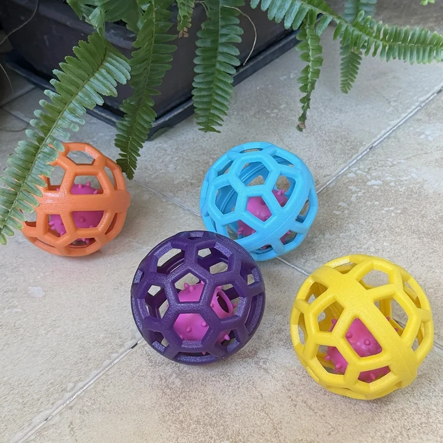 Alt view image 6 of 7 - 4 Pack Cat Dog Toy Balls with Bell | 9cm Durable Hollow Hexagonal Plastic Balls for Small Medium Dogs & Cats, Interactive Fetch Chew Toys for Indoor Outdoor Play