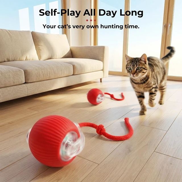 Alt view image 2 of 7 - Interactive electric automatic 360 rolling USB rechargeable motion-sensing toy smart chasing cat ball, equipped with a quick tail rope, specially designed for active adult cats and indoor dogs.