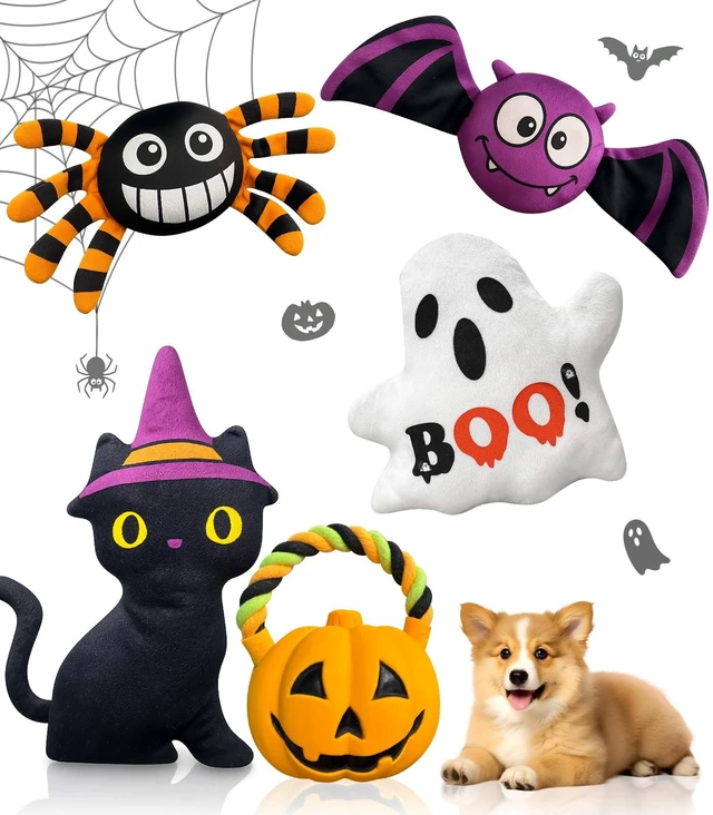 Main image of 5 Pcs Halloween Dog Toys for Small Medium Dogs, Squeaky Plush Toys | Pumpkin, Ghost, Black Cat, Spider, Bat, Interactive Dog Toy for Puppy Small Dogs to Keep Them Busy, Halloween Pet Gift Set