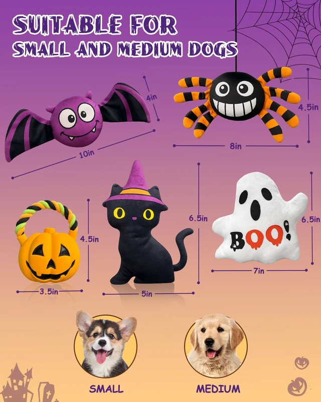 Alt view image 2 of 6 - 5 Pcs Halloween Dog Toys for Small Medium Dogs, Squeaky Plush Toys | Pumpkin, Ghost, Black Cat, Spider, Bat, Interactive Dog Toy for Puppy Small Dogs to Keep Them Busy, Halloween Pet Gift Set