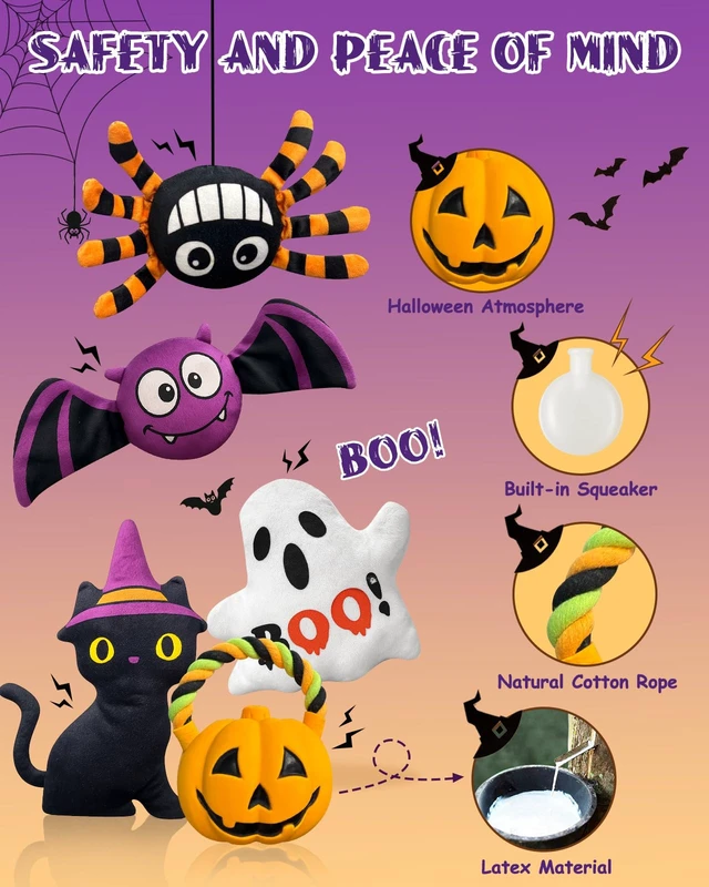 Alt view image 3 of 6 - 5 Pcs Halloween Dog Toys for Small Medium Dogs, Squeaky Plush Toys | Pumpkin, Ghost, Black Cat, Spider, Bat, Interactive Dog Toy for Puppy Small Dogs to Keep Them Busy, Halloween Pet Gift Set
