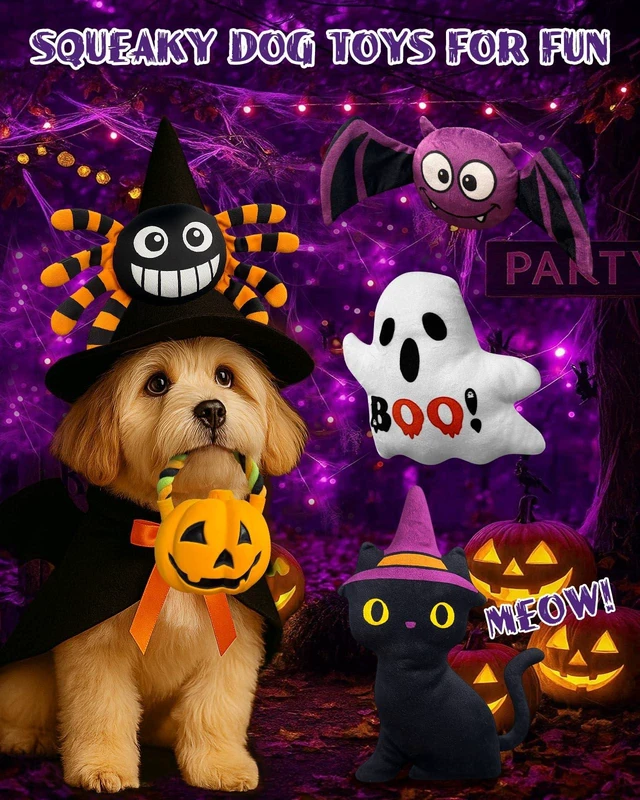 Alt view image 4 of 6 - 5 Pcs Halloween Dog Toys for Small Medium Dogs, Squeaky Plush Toys | Pumpkin, Ghost, Black Cat, Spider, Bat, Interactive Dog Toy for Puppy Small Dogs to Keep Them Busy, Halloween Pet Gift Set