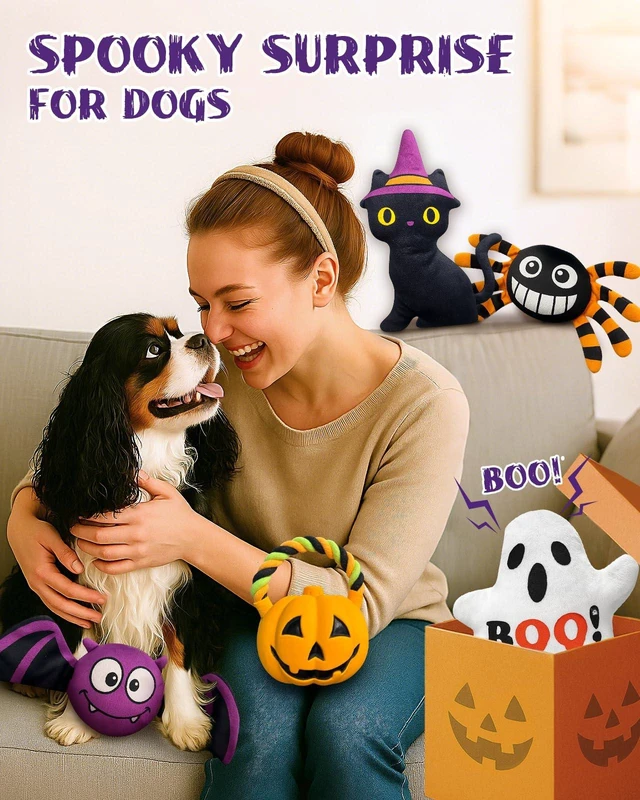 Alt view image 6 of 6 - 5 Pcs Halloween Dog Toys for Small Medium Dogs, Squeaky Plush Toys | Pumpkin, Ghost, Black Cat, Spider, Bat, Interactive Dog Toy for Puppy Small Dogs to Keep Them Busy, Halloween Pet Gift Set