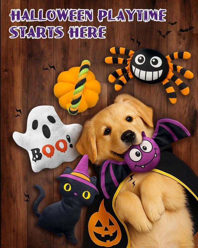 Alt view image 5 of 6 - 5 Pcs Halloween Dog Toys for Small Medium Dogs, Squeaky Plush Toys | Pumpkin, Ghost, Black Cat, Spider, Bat, Interactive Dog Toy for Puppy Small Dogs to Keep Them Busy, Halloween Pet Gift Set