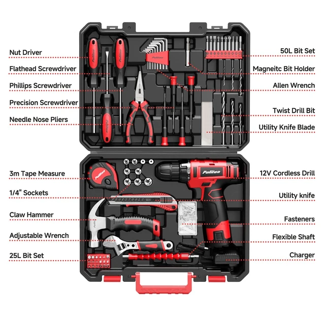 Alt view image 2 of 7 - 149-Piece Home Drill Set with Red 12V Cordless Drill, Hand Tools & Tool Box, Tool Kit for Women & Men and DIY Enthusiasts, for Home Improvement