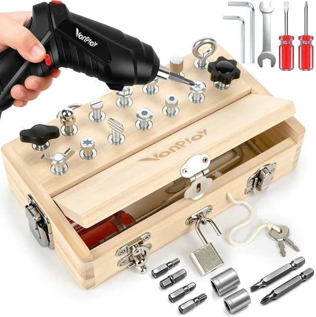Main image of Montessori Busy Board with Electric Drill Toys for 3 4 5 6 Year Old | Screwdriver Board Set with Lock and Key, Wooden Kid Tool Set for Kids 3-6, Fine Motor Skills Toys for Toddler Boy Girl Gifts