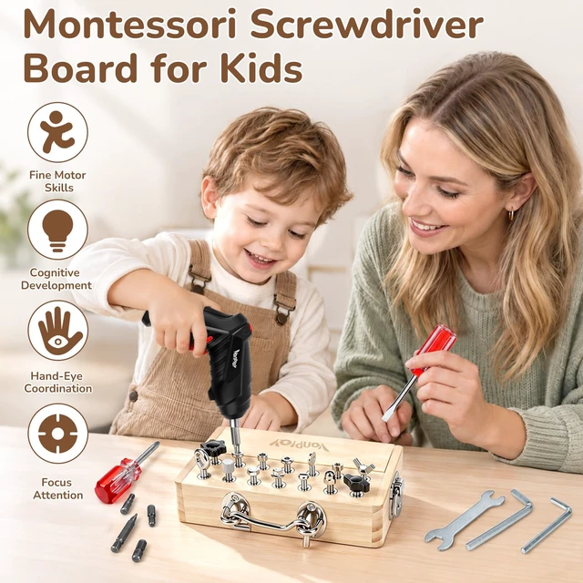 Alt view image 2 of 7 - Montessori Busy Board with Electric Drill Toys for 3 4 5 6 Year Old | Screwdriver Board Set with Lock and Key, Wooden Kid Tool Set for Kids 3-6, Fine Motor Skills Toys for Toddler Boy Girl Gifts