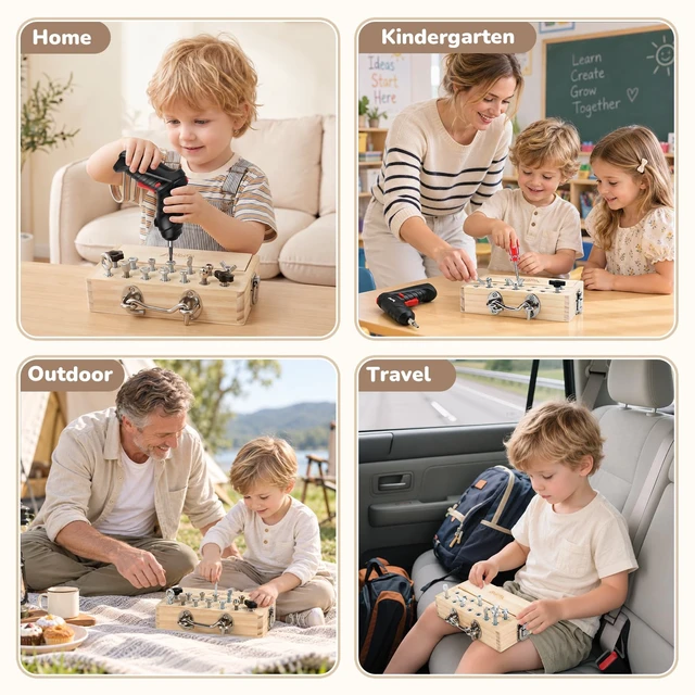 Alt view image 5 of 7 - Montessori Busy Board with Electric Drill Toys for 3 4 5 6 Year Old | Screwdriver Board Set with Lock and Key, Wooden Kid Tool Set for Kids 3-6, Fine Motor Skills Toys for Toddler Boy Girl Gifts