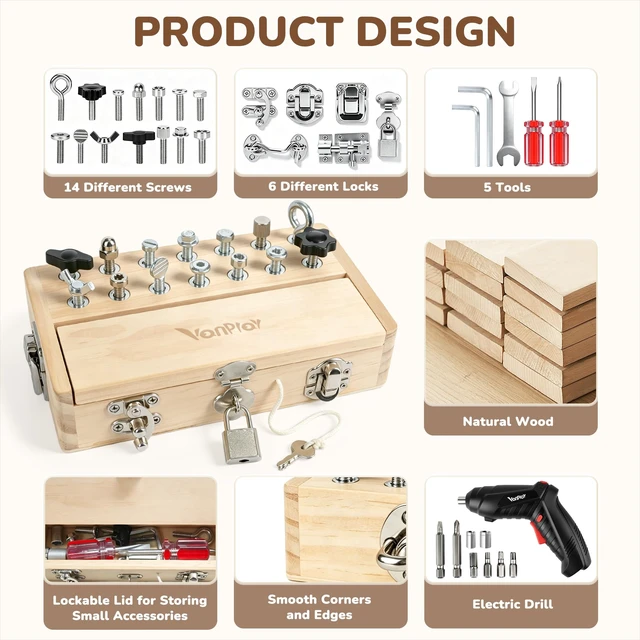 Alt view image 6 of 7 - Montessori Busy Board with Electric Drill Toys for 3 4 5 6 Year Old | Screwdriver Board Set with Lock and Key, Wooden Kid Tool Set for Kids 3-6, Fine Motor Skills Toys for Toddler Boy Girl Gifts