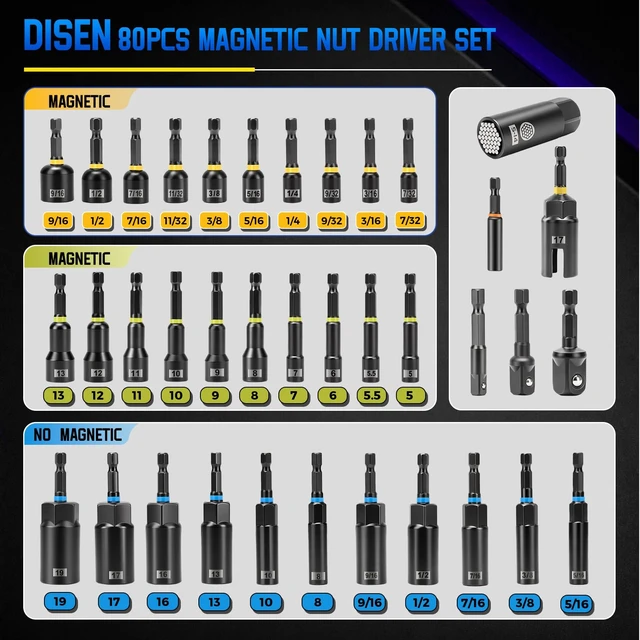 Alt view image 2 of 7 - 80-Pieces Magnetic Impact Nut Driver Set Metric & SAE | with Socket Adapters Impact Driver Bit Set Socket Set Deep Nut Driver Wing Nut Driver Tool Set Gift for Father and Friend