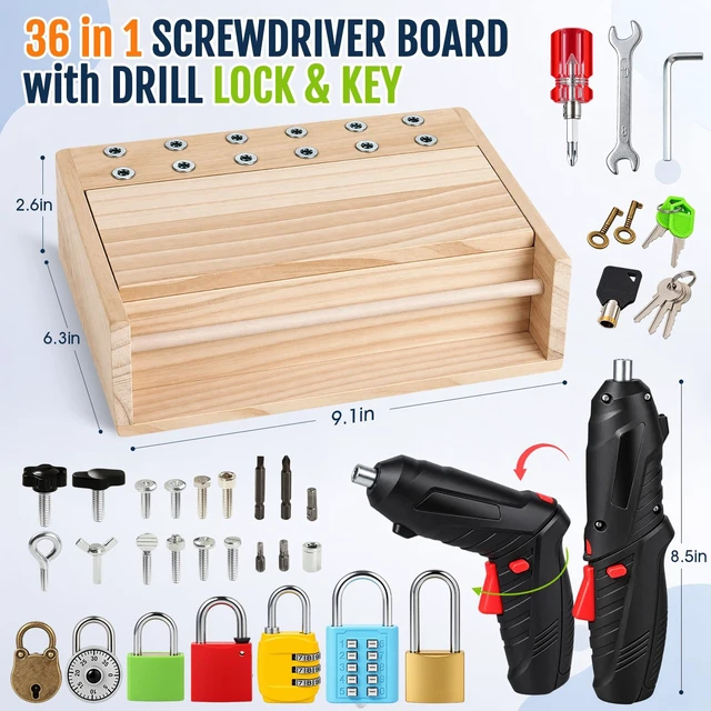 Alt view image 2 of 7 - Montessori Screwdriver Board Set, Lock and Key Toy, Toddler Tools 3-5 | Drill Toy, Montessori Toys for 4 Year Old Kids with 12 Screws, 7 Locks, Toy Keys, Screwdriver for Fine Motor Learning